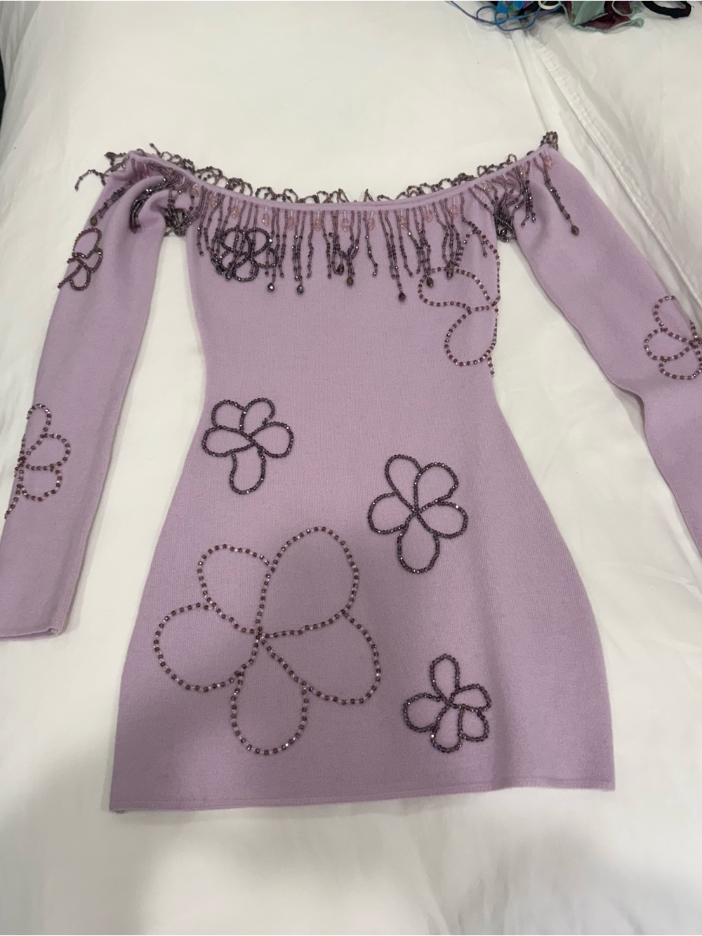 Danielle Guizio Fringe Lilac Off-Shoulder Beaded Flower Knit Dress